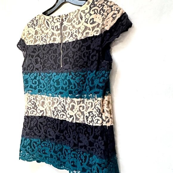 Ann Taylor XS Lace Top Black Teal Off-White Size Extra Small Short Sleeve Dressy - Picture 4 of 6